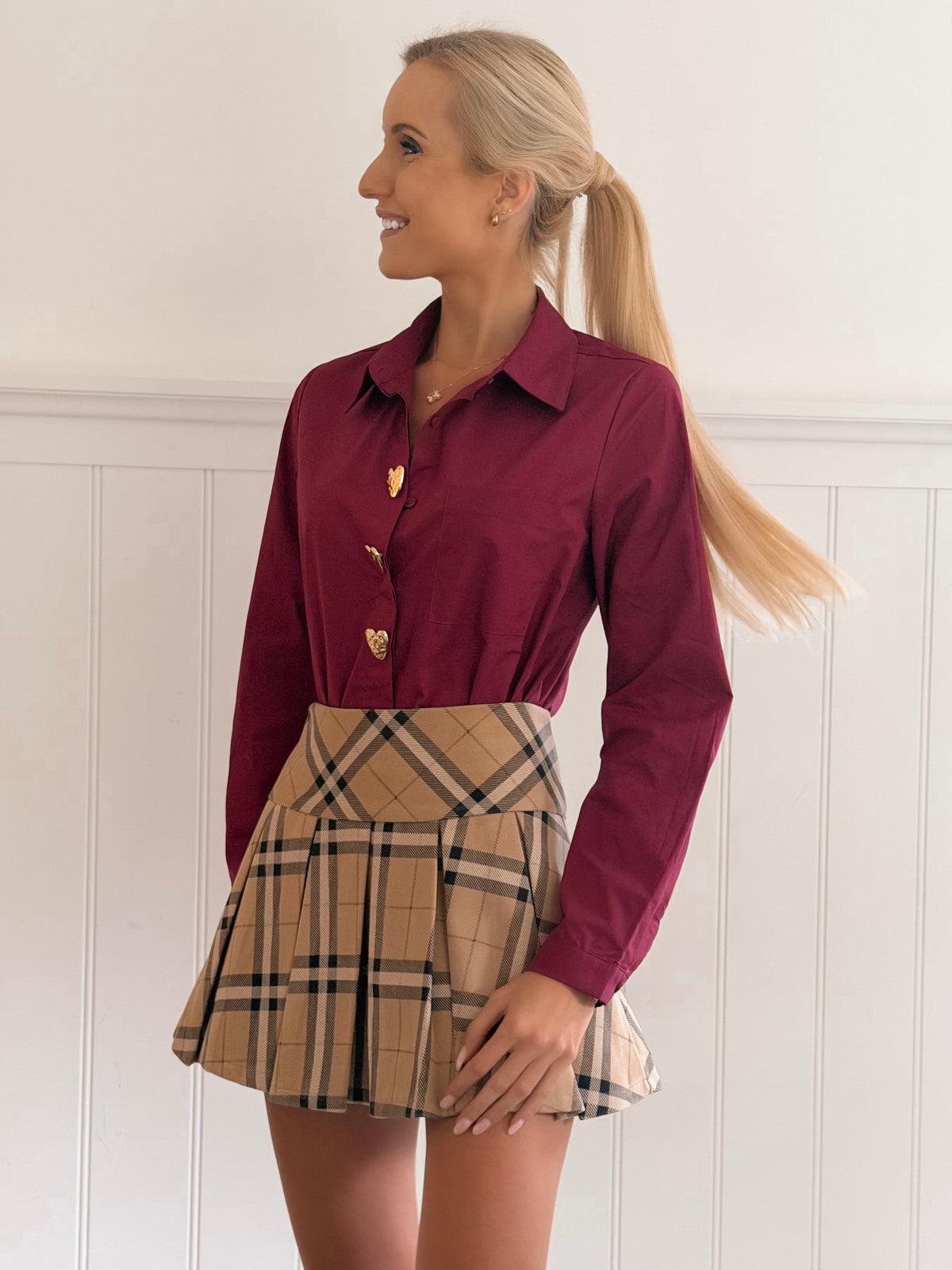 Burgundy Heart Brooch Blouse