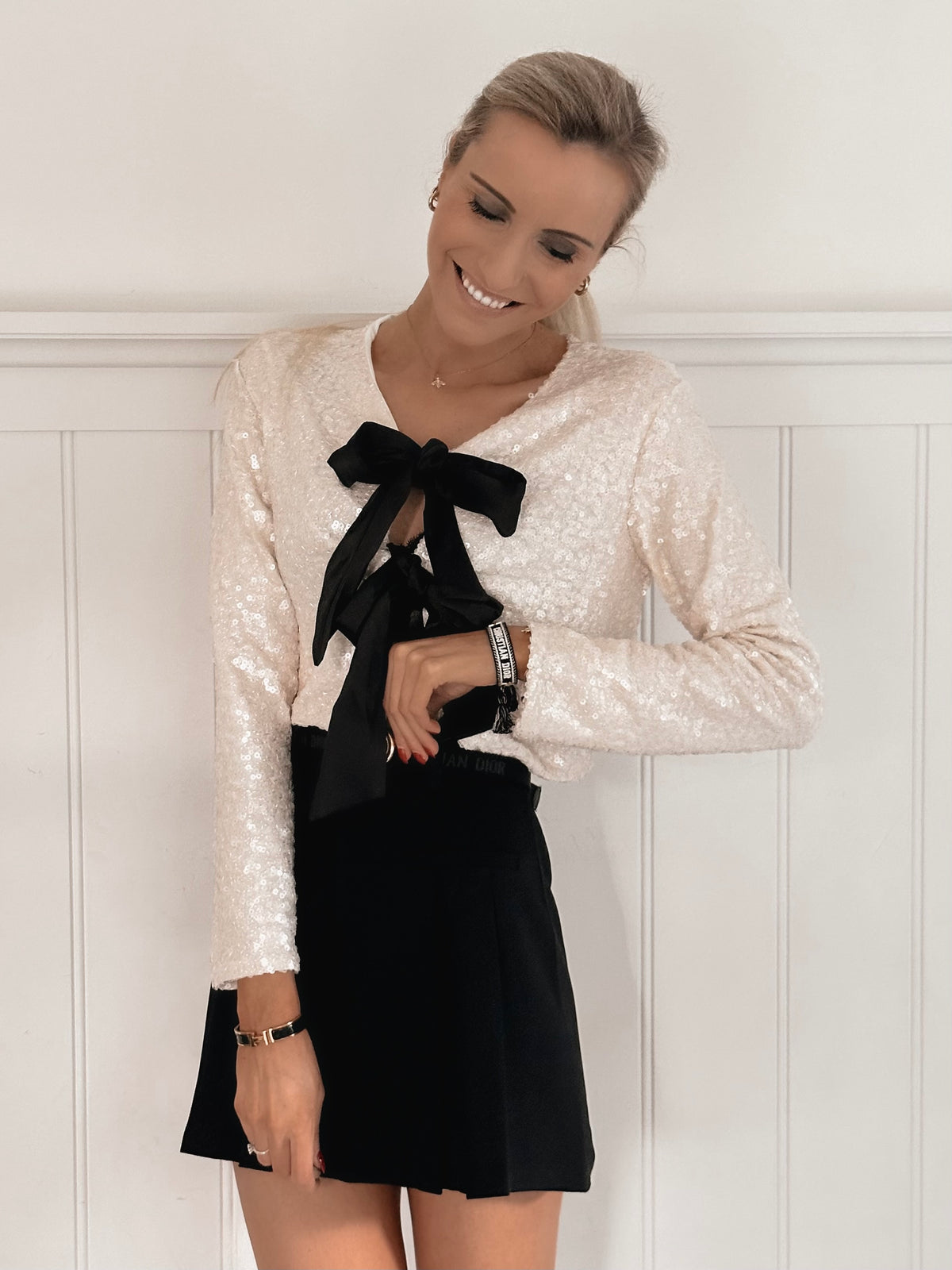 Glitter Satin Bow Blouse