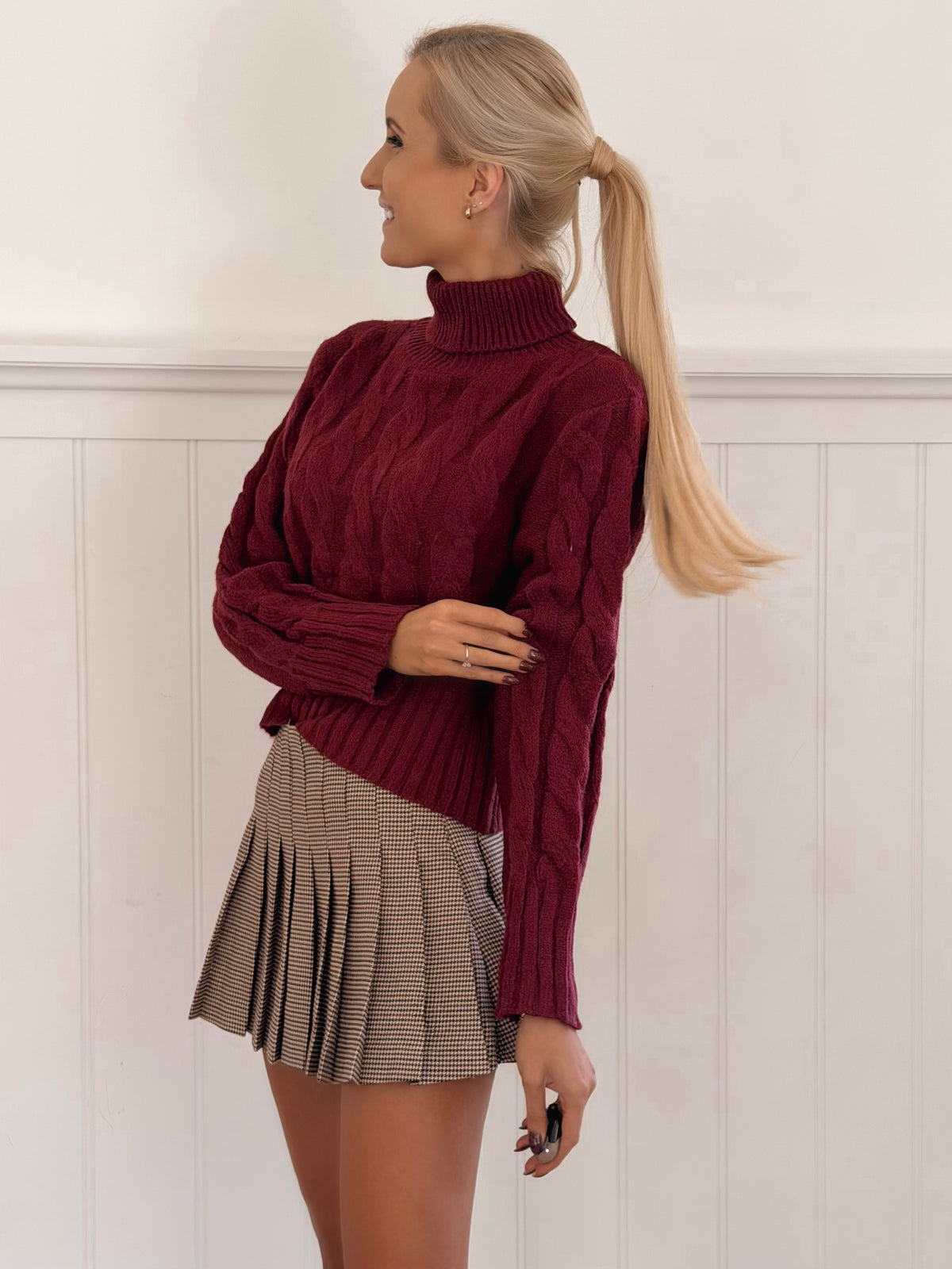 Cute Burgundy Cable Knit Sweater