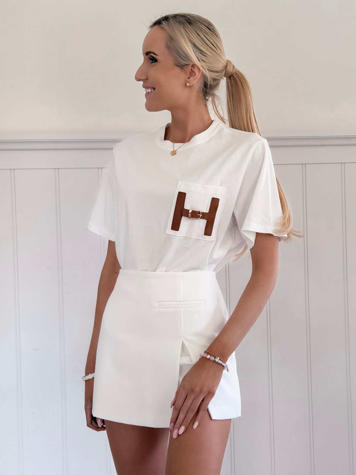 Leather Detail T-Shirt - White
