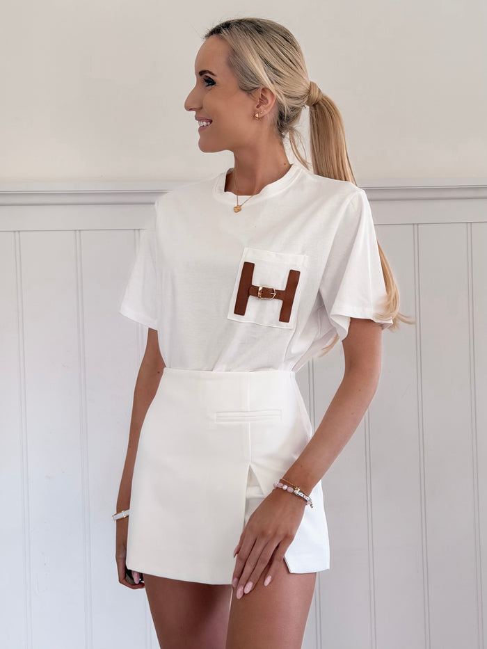 Leather Detail T-Shirt - White