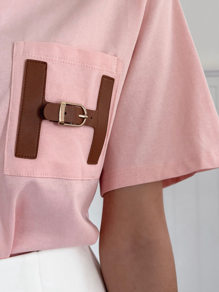 Leather Detail T-Shirt - Pink