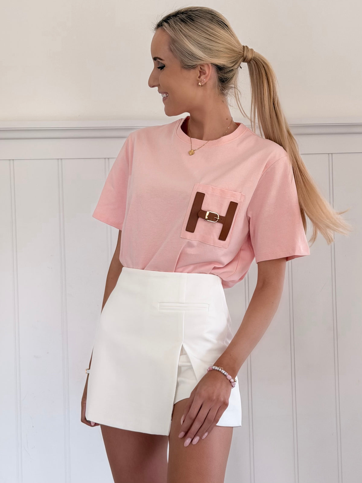 Leather Detail T-Shirt - Pink