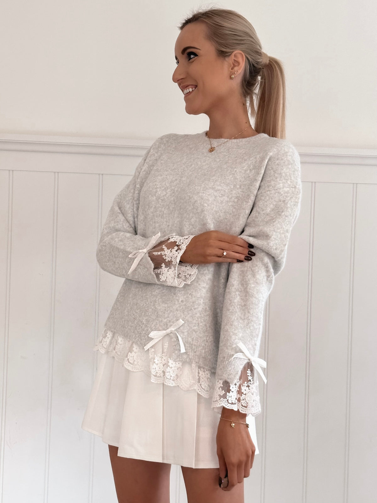 Lovely Grey Bow Lace Sweater