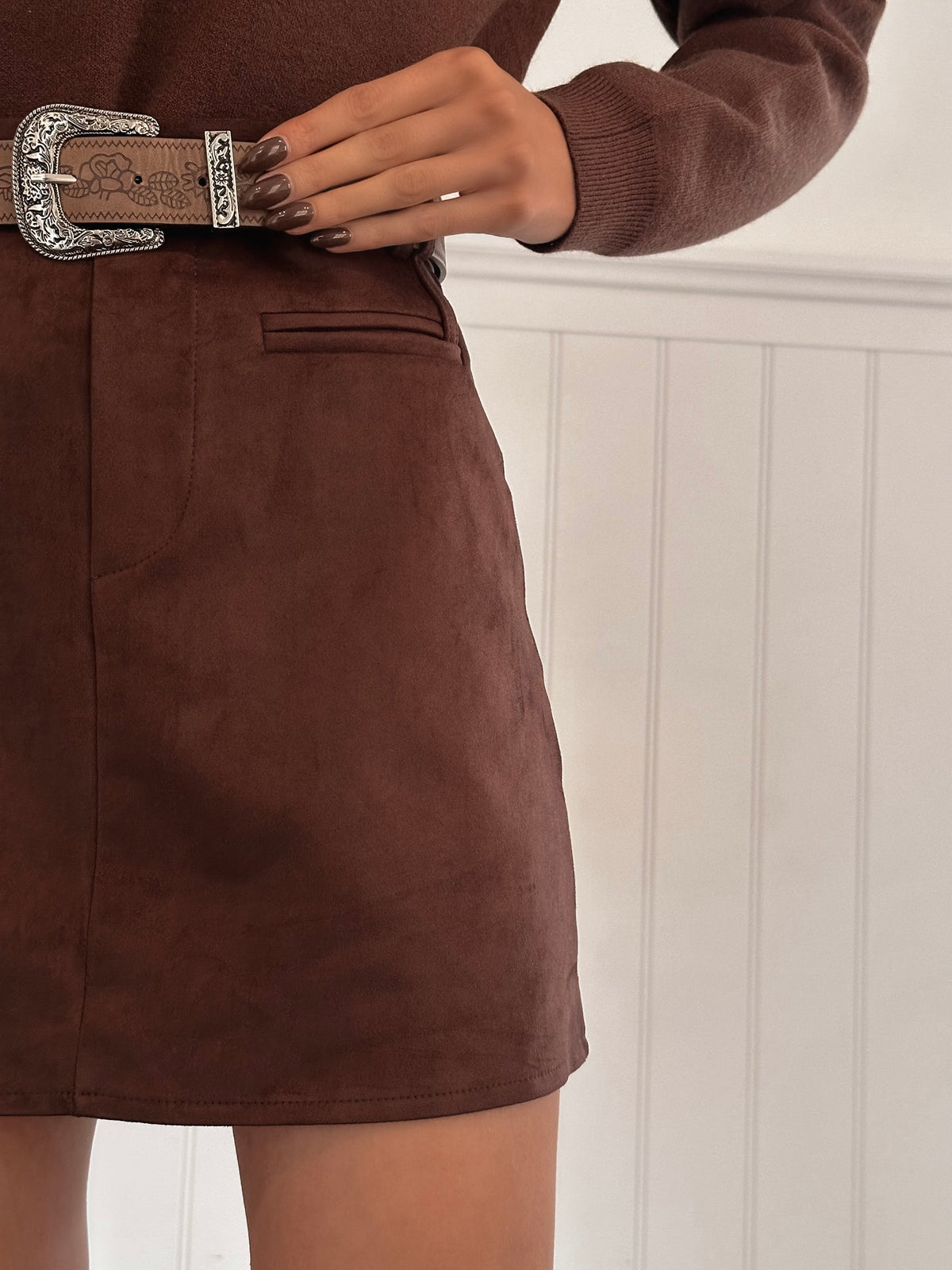 Ricky Dark Chocolate Suede Skirt