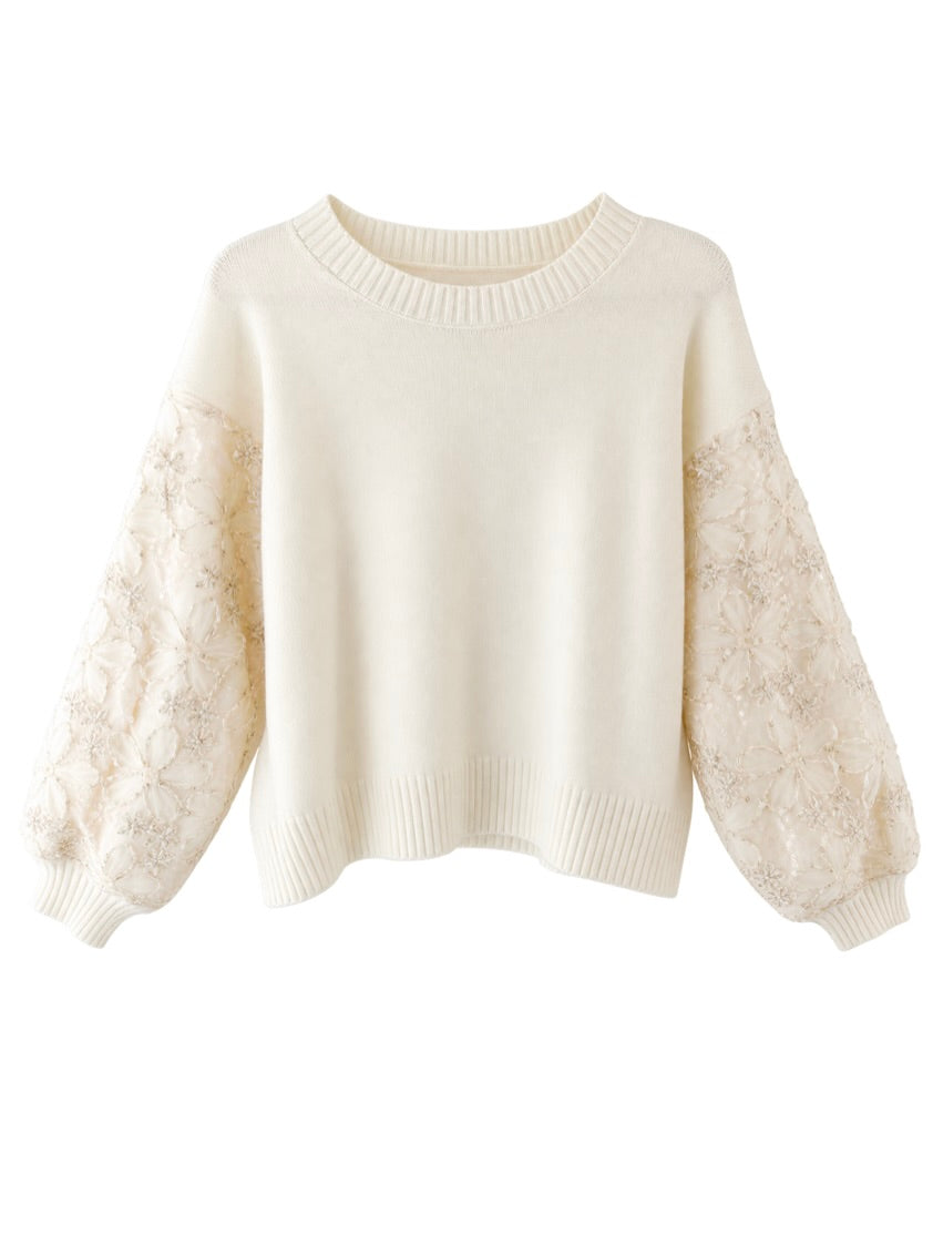 Cream Sparkle Flower Sweater